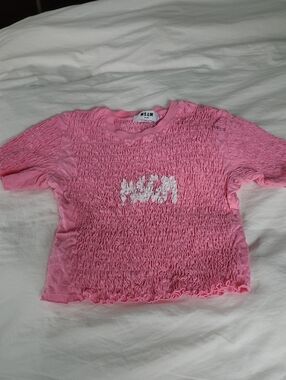 VGUC MSGM Gathered Pink Logo Short Sleeve Top, Small